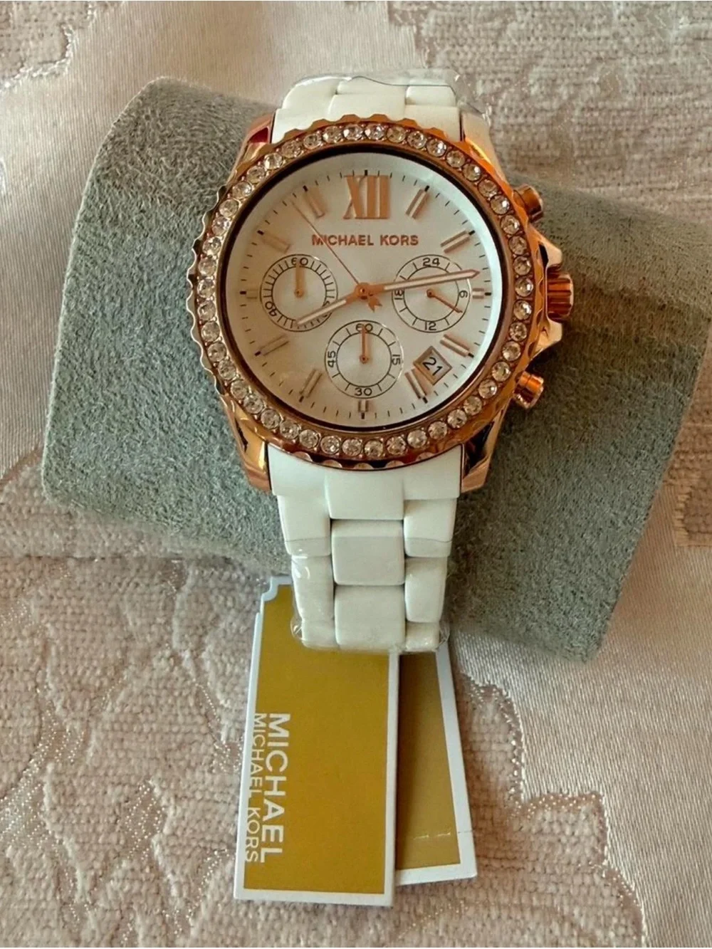 Michael Kors White and Rose Gold Crystal-Accent Chronograph Watch